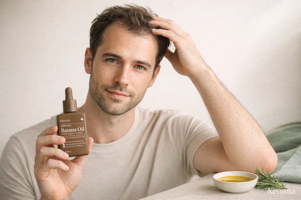 Man holding Keyoma batana oil bottle, demonstrating natural scalp care and hair nourishment routine.