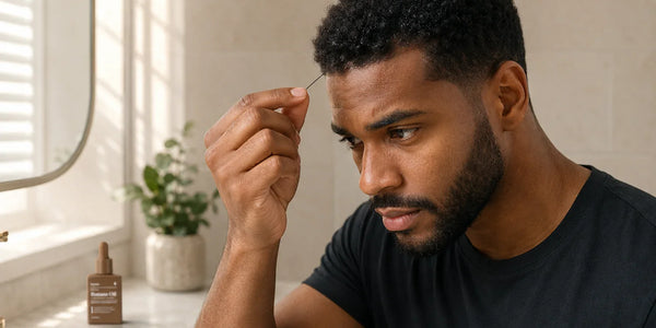 Man inspects a loose hair strand near his hairline beside Keyoma Batana Oil in a bathroom.