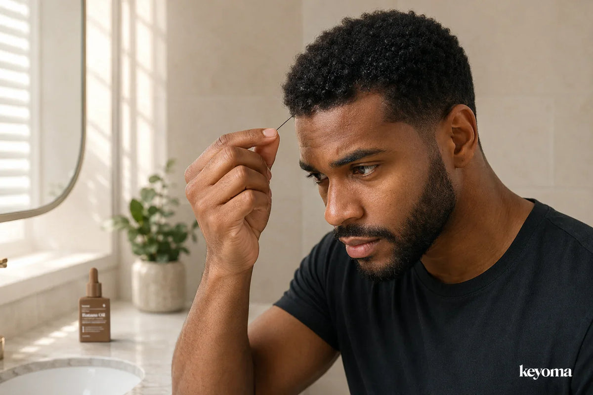 Man inspects a loose hair strand near his hairline beside Keyoma Batana Oil in a bathroom.