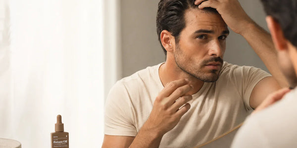 Keyoma man inspects small hairline bumps in a bathroom mirror beside a Batana Oil bottle.