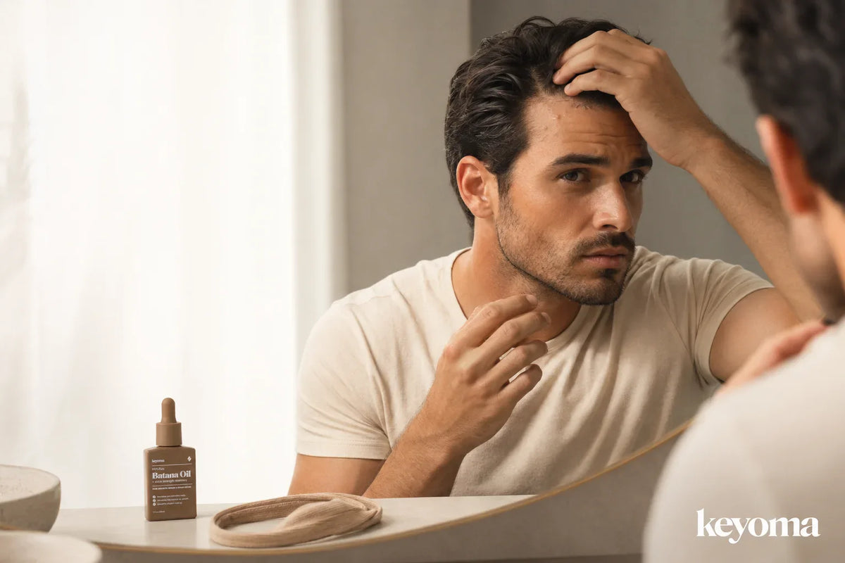 Keyoma man inspects small hairline bumps in a bathroom mirror beside a Batana Oil bottle.