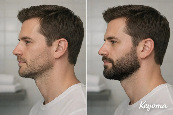 Side profile before and after beard growth comparison in bathroom with Keyoma watermark.