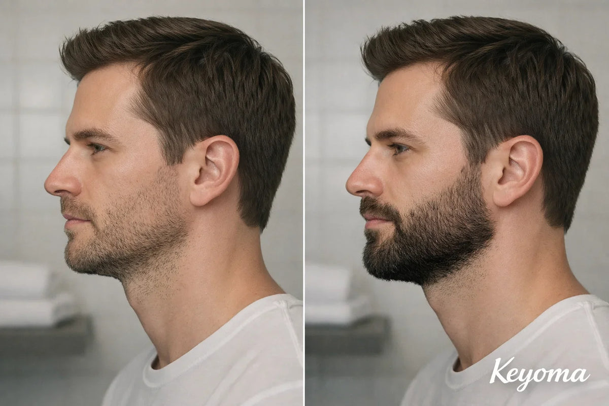 Side profile before and after beard growth comparison in bathroom with Keyoma watermark.
