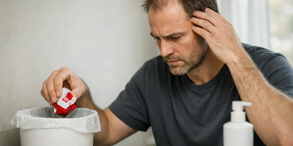 Man throwing cigarette pack into bathroom trash beside hairbrush and lotion, Keyoma watermark visible.