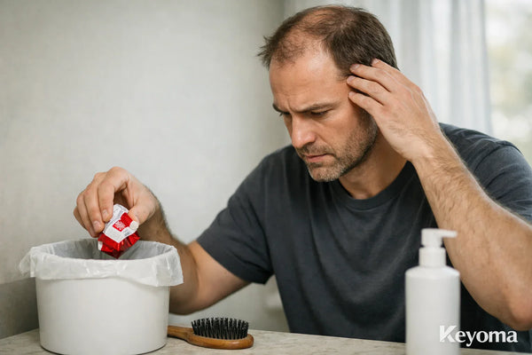 Man throwing cigarette pack into bathroom trash beside hairbrush and lotion, Keyoma watermark visible.