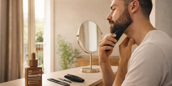 Man trimming beard with electric trimmer near mirror and Keyoma batana oil on wooden counter.