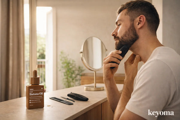 Man trimming beard with electric trimmer near mirror and Keyoma batana oil on wooden counter.