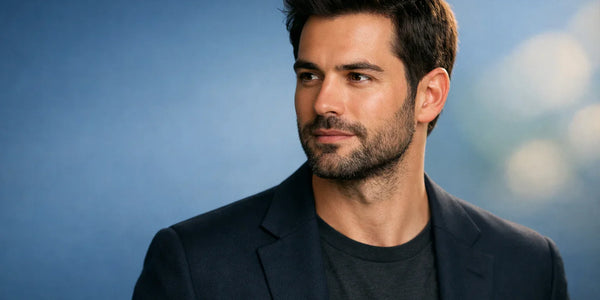 Well-groomed man with styled hair and light stubble, showcasing Keyoma men’s grooming and healthy hair appearance.