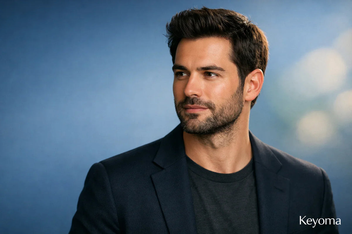 Well-groomed man with styled hair and light stubble, showcasing Keyoma men’s grooming and healthy hair appearance.