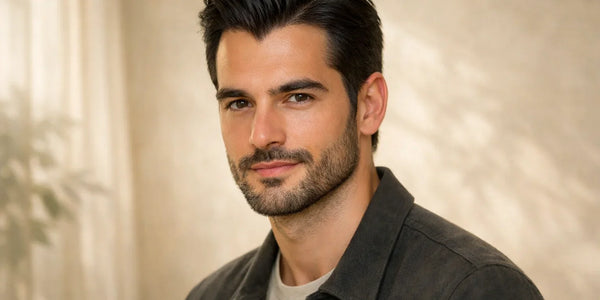 Studio portrait of a well-groomed man with healthy hair, reflecting Keyoma’s natural grooming aesthetic.
