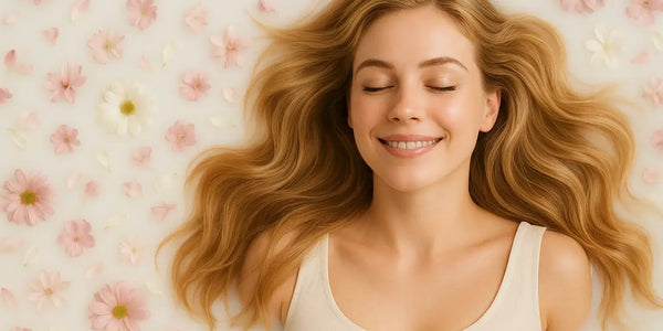 Smiling woman rests in a floral milk bath, showcasing Keyoma’s gentle hair-care ritual and spa relaxation.