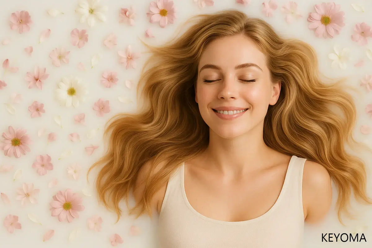 Smiling woman rests in a floral milk bath, showcasing Keyoma’s gentle hair-care ritual and spa relaxation.