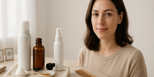 A woman smiles beside a tray of Keyoma minoxidil products—foam can, amber dropper bottle, and white spray—with a comb in soft morning light.