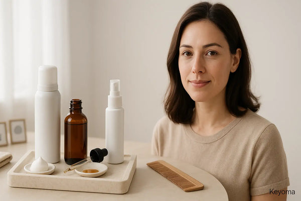 A woman smiles beside a tray of Keyoma minoxidil products—foam can, amber dropper bottle, and white spray—with a comb in soft morning light.