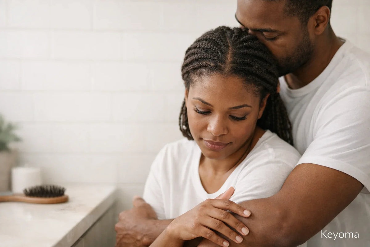 Keyoma photo shows supportive partner hugging woman in bathroom, reflecting stress after miscarriage and shedding.