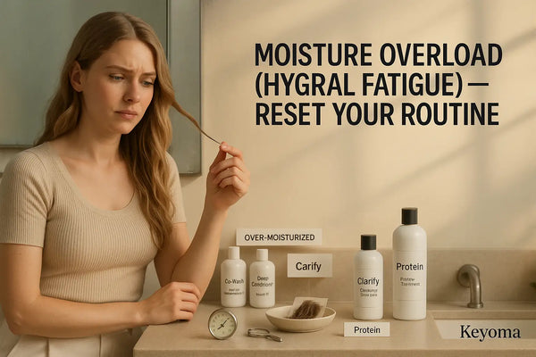 A woman inspects a limp hair strand beside clarify and protein products, illustrating Keyoma guidance for resetting a routine after moisture overload or hygral fatigue.