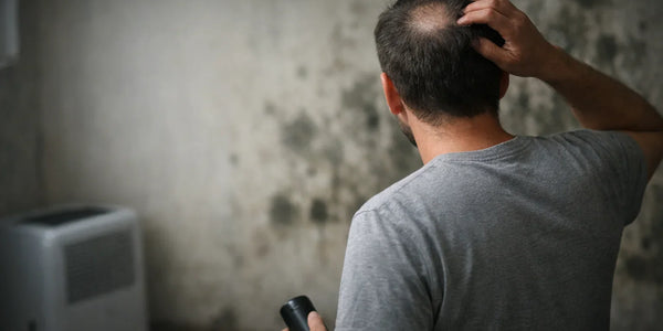 Man checks thinning spot while standing near moldy wall and dehumidifier, with Keyoma branding.