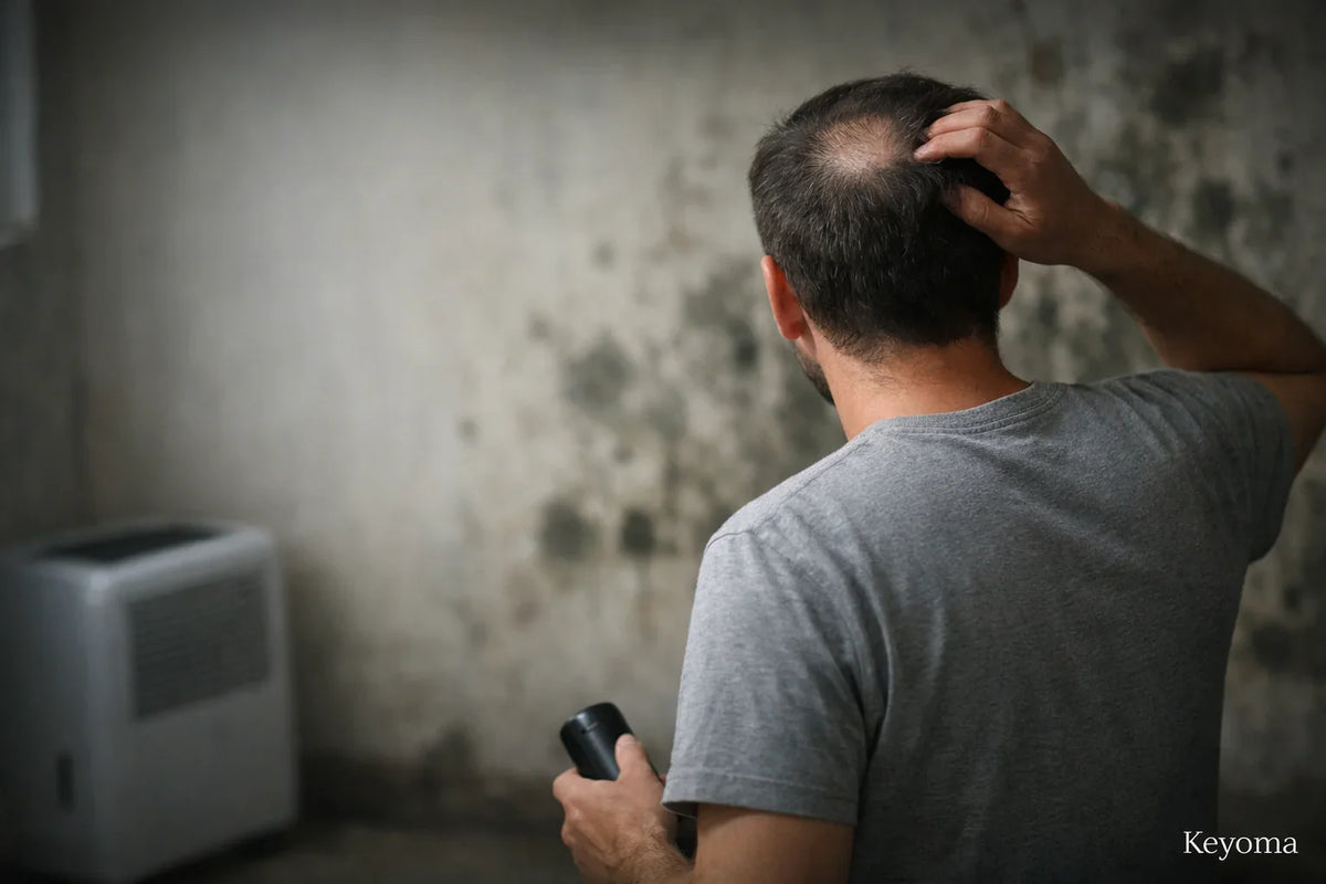 Man checks thinning spot while standing near moldy wall and dehumidifier, with Keyoma branding.