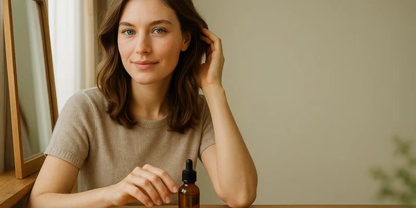A woman sits at a vanity with a moringa hair oil dropper bottle, a comb, and a small towel, illustrating Keyoma’s simple at-home routine for nourishing hair.
