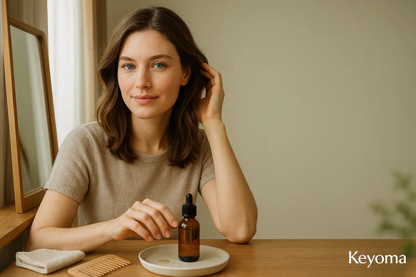 A woman sits at a vanity with a moringa hair oil dropper bottle, a comb, and a small towel, illustrating Keyoma’s simple at-home routine for nourishing hair.