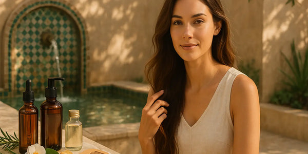 A woman with wavy hair sits by a tiled fountain in a sunlit Moroccan-style courtyard with amber hair-oil bottles, a small clear vial, rosemary, macadamia nuts, and a wooden comb, capturing a serene Keyoma hair-care moment.