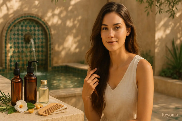 A woman with wavy hair sits by a tiled fountain in a sunlit Moroccan-style courtyard with amber hair-oil bottles, a small clear vial, rosemary, macadamia nuts, and a wooden comb, capturing a serene Keyoma hair-care moment.