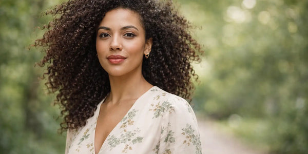 Outdoor portrait of a woman with soft, defined curls highlighting natural volume and healthy shine with Keyoma care.