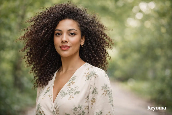 Outdoor portrait of a woman with soft, defined curls highlighting natural volume and healthy shine with Keyoma care.