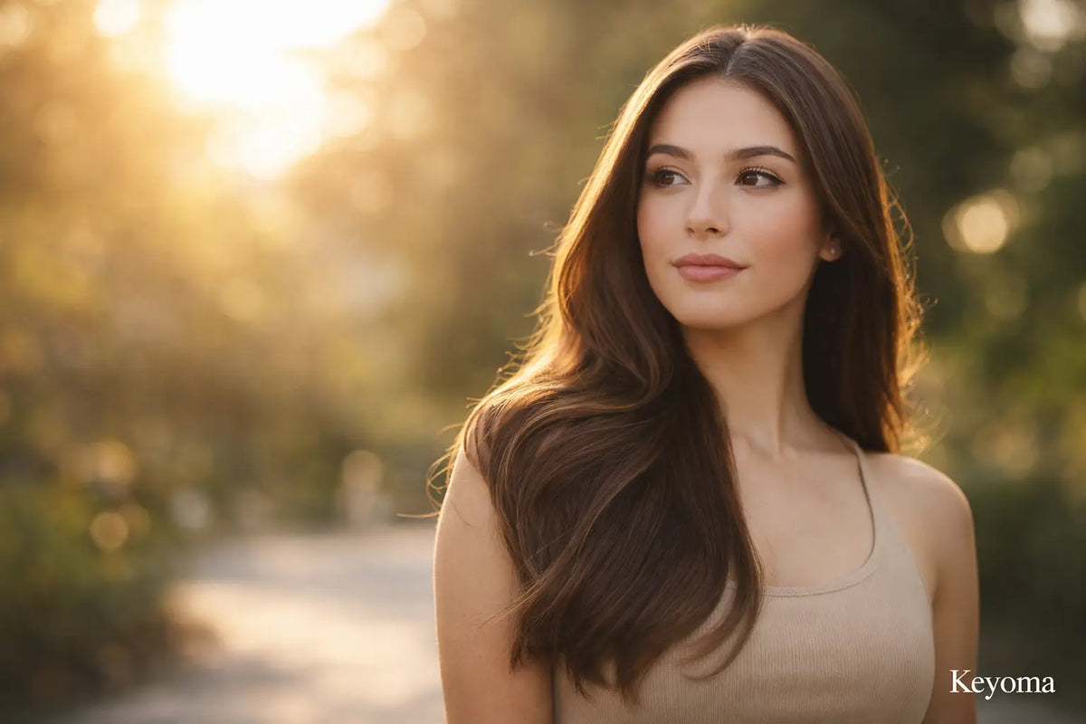 Woman outdoors with flowing hair in sunlight, showcasing natural shine and softness associated with Keyoma hair care.