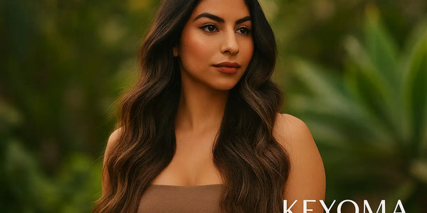 A Keyoma visual of a woman with long, healthy, wavy hair in a natural setting, representing the benefits of cultural remedies for hair care and nourishment.