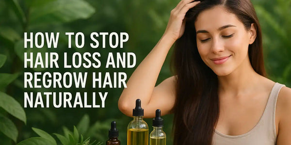 Smiling woman touching hair beside natural oils and rosemary with Keyoma's guide on how to stop hair loss and regrow hair naturally