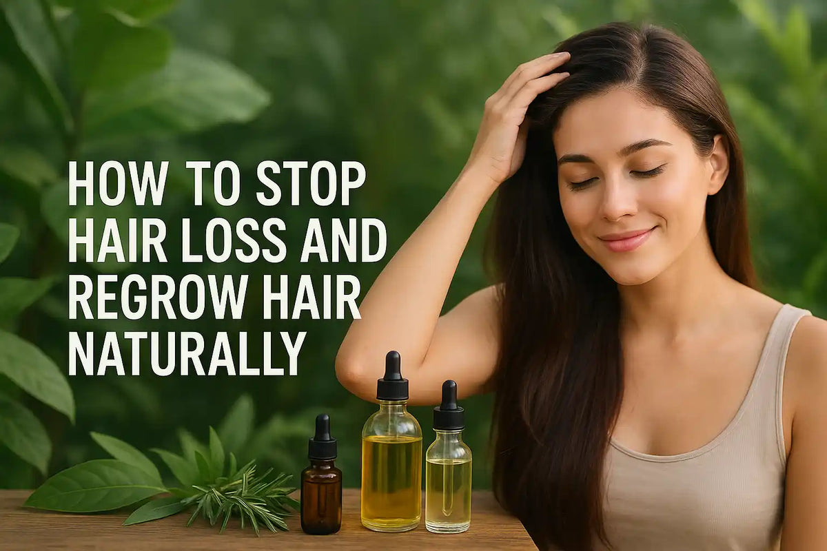 Smiling woman touching hair beside natural oils and rosemary with Keyoma's guide on how to stop hair loss and regrow hair naturally