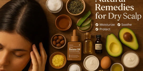 A flat lay of natural dry scalp remedies featuring Keyoma batana oil, avocado, aloe vera, witch hazel, and other nourishing ingredients arranged beside a woman gently touching her hair.