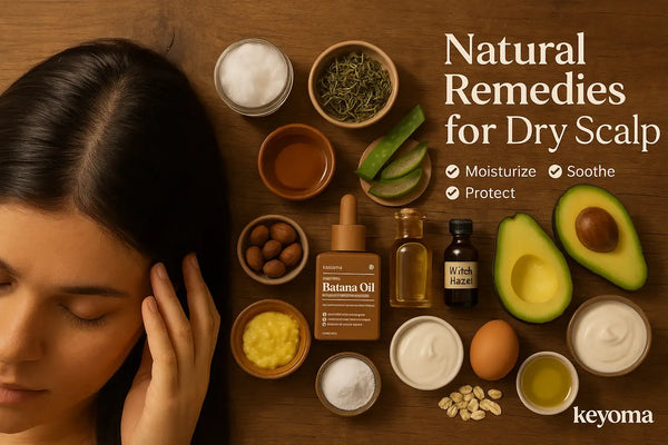 A flat lay of natural dry scalp remedies featuring Keyoma batana oil, avocado, aloe vera, witch hazel, and other nourishing ingredients arranged beside a woman gently touching her hair.