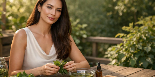 Woman preparing nettle hair oil at outdoor table with glass bowl, dropper bottle, and wooden comb.