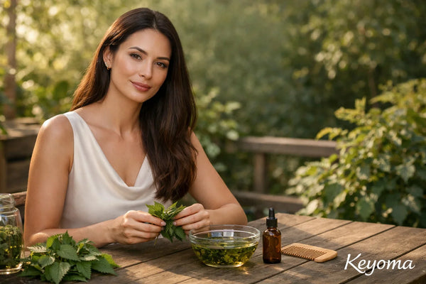 Woman preparing nettle hair oil at outdoor table with glass bowl, dropper bottle, and wooden comb.
