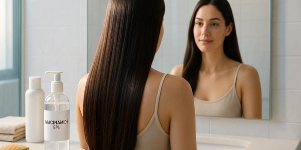 A woman with long straight hair looks into a bathroom mirror next to a clear pump bottle labeled niacinamide 5% and other toiletries, showing a simple Keyoma hair-care ritual.