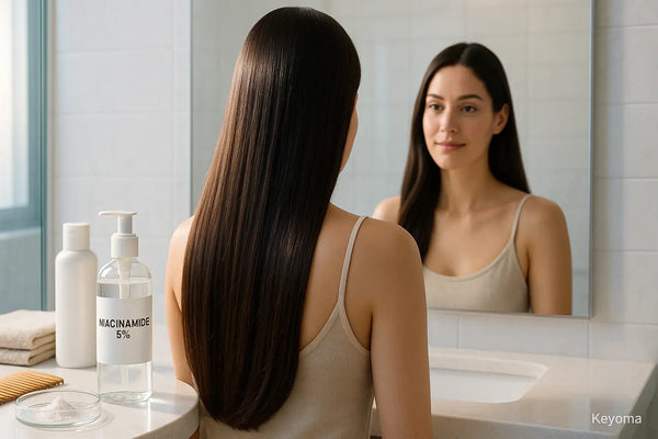 A woman with long straight hair looks into a bathroom mirror next to a clear pump bottle labeled niacinamide 5% and other toiletries, showing a simple Keyoma hair-care ritual.