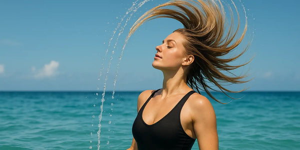 Woman flips wet hair in turquoise ocean, as Keyoma highlights saltwater effects and swimmer care.