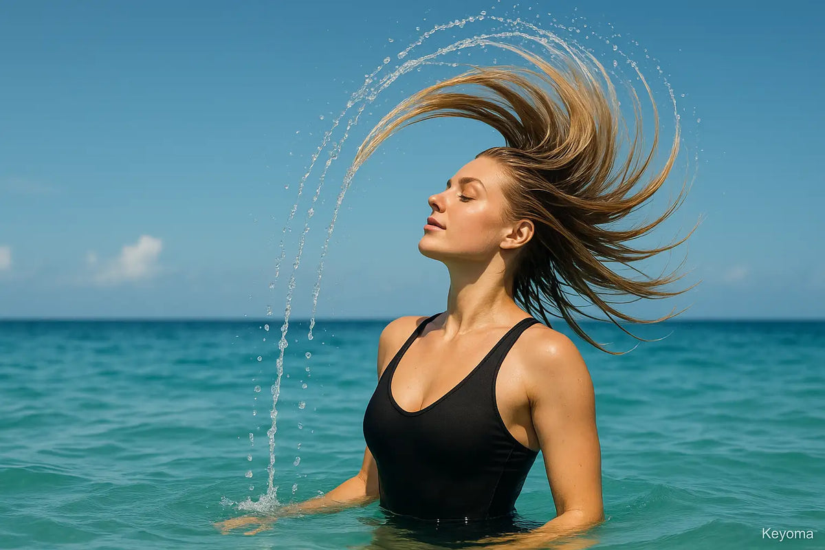 Woman flips wet hair in turquoise ocean, as Keyoma highlights saltwater effects and swimmer care.