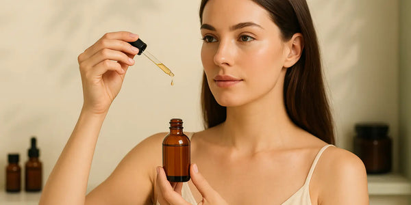 Woman applies oil with dropper beside amber bottle in a calm Keyoma routine, scalp treatment.
