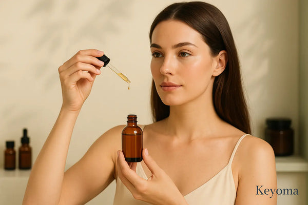 Woman applies oil with dropper beside amber bottle in a calm Keyoma routine, scalp treatment.