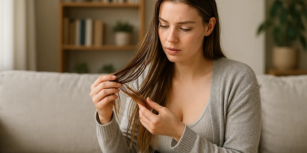 Woman examines limp, oily hair ends at home beside dropper bottle, with Keyoma advising build-up control.