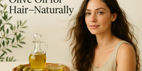 A woman with wavy hair sits beside a wooden tray holding a glass decanter and small bowl of golden olive oil with fresh olives and soft greenery, illustrating Keyoma’s gentle use of olive oil for natural hair care.