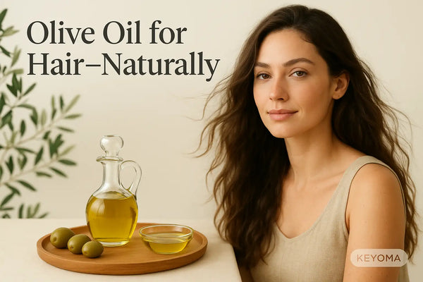 A woman with wavy hair sits beside a wooden tray holding a glass decanter and small bowl of golden olive oil with fresh olives and soft greenery, illustrating Keyoma’s gentle use of olive oil for natural hair care.