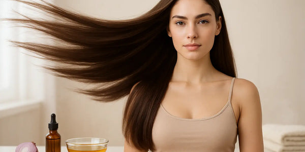Brunette with flowing hair beside onion juice and slices as Keyoma illustrates natural shine and scalp care.