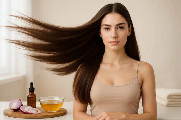 Brunette with flowing hair beside onion juice and slices as Keyoma illustrates natural shine and scalp care.