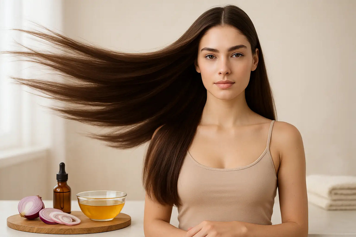 Brunette with flowing hair beside onion juice and slices as Keyoma illustrates natural shine and scalp care.