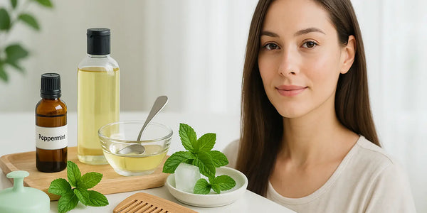 Woman with peppermint hair-care kit showing Keyoma’s diluted peppermint leave-in for soothing the scalp.