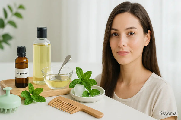 Woman with peppermint hair-care kit showing Keyoma’s diluted peppermint leave-in for soothing the scalp.